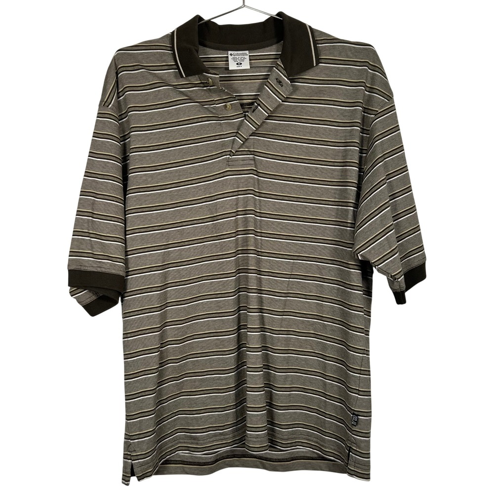 Men’s Vintage Columbia T-shirt Polo Shirt Brown Striped Short Sleeve Cotton‎